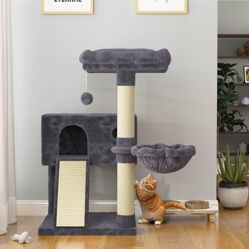 SHA CERLIN Cat Tree 36 Inches Cat Tower with Hammock, Sisal Scratching Post for Indoor Kittens, Small Room, Smoky Grey - color: SMOKY GREY