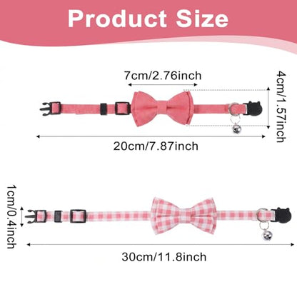 3pcs Bow Tie Cat Collar with Bells, Breakaway Bowtie Plaid Cat Collar, Soft Adjustable Bow Cats Collars for Kitten Puppy and Small Pets - color: pink