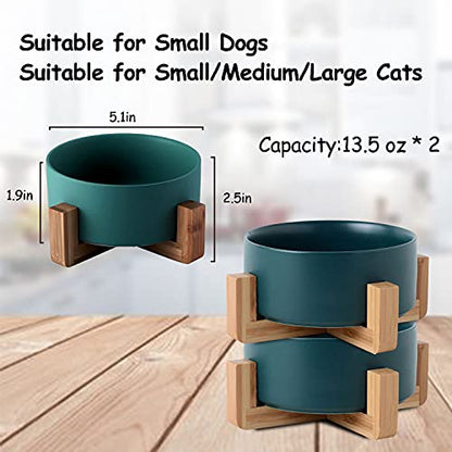 Petygooing Ceramic Dog Cat Bowl Set with Stand,Small Dog Bowls,Food and Water Dishes, Cute Modern Anti Slip Set of 2 Pet Food Dish- Small Size Pet (13.5OZ/5.1 in) Green - color: Deep Green, size: Puppy/Small Size Dogs & Cat Bowls 400ML*2