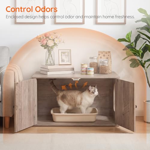 HOOBRO Cat Litter Box Enclosure, Hidden Litter Box Furniture with Side Entry, Litter Box Cabinet, Indoor Cat House, End Side Table, 31.5"L x 17.7"W x 16.3"H, for Living Room, Bathroom, Greige BG40MW01 - color: Greige
