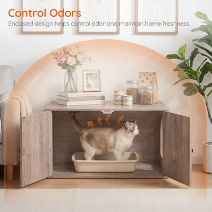 HOOBRO Cat Litter Box Enclosure, Hidden Litter Box Furniture with Side Entry, Litter Box Cabinet, Indoor Cat House, End Side Table, 31.5"L x 17.7"W x 16.3"H, for Living Room, Bathroom, Greige BG40MW01 - color: Greige