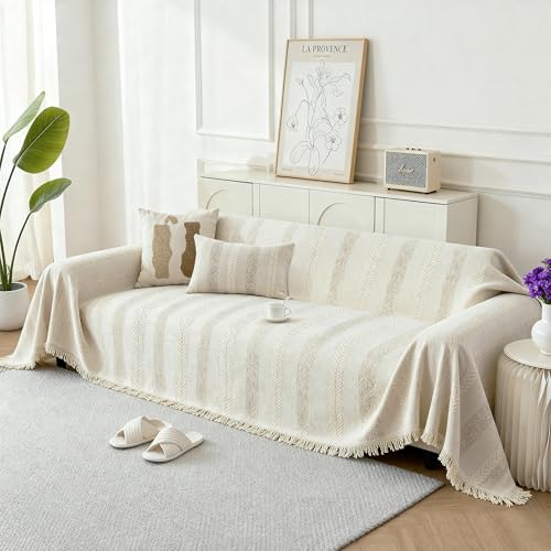 Boho Sofa Covers for 2 Cushion Couch, Chenille Sofa Slipcover for Pets Washable, L-Shape Sectional Loveseat Cover Soft Throw Blankets with Tassels(71x102,Striped Beige) - color: Striped Braid Cream, size: 71*102 inch