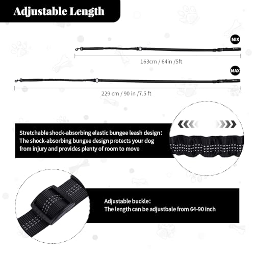 Heavy Duty Multifunctional Adjustable Hands Free Dog Leash - Durable Reflective Stitches, Car Safety Buckle Waist Leash for Dog Walking, Running, Hiking - 5-7FT - color: Black