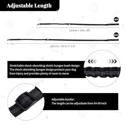 Heavy Duty Multifunctional Adjustable Hands Free Dog Leash - Durable Reflective Stitches, Car Safety Buckle Waist Leash for Dog Walking, Running, Hiking - 5-7FT - color: Black