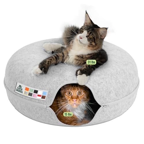 Cattasaurus Peekaboo Cat Cave Donut for Multiple & Large Cats up to 30-45 lbs, 3-in-1 Self Warming Cat Bed, Tunnel & Scratcher for Indoor Cats, Washable & Detachable Small Dog Bed (Light Gray, Jumbo) - color: Light Gray, size: Jumbo