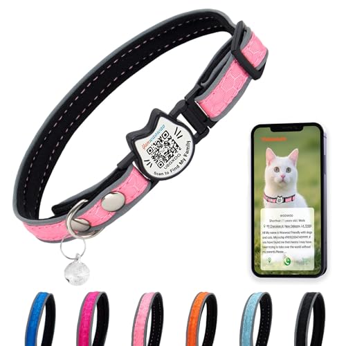 Cat Collar with Bells Reflective Cat Collars Breakaway with Oxford Cloth Soft Padding Adjustable Kitten Collar with QR Code（Pink） - color: Pink