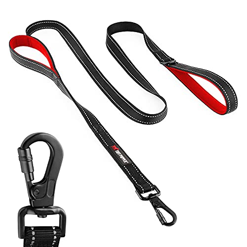 Tuff Pupper Heavy Duty Double Handle Leash | Twist Locking Carabiner Clip | Safety Lock for Strong Dogs | Reflective for Safe Night Walks | 6 Foot Leash | For Medium & Large Dogs - color: Epic Black