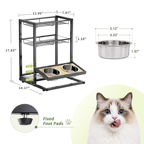Cat Feeding Station with Elevated Cat Bowl Stand, 3-Tier Cat Food Organizer & Storage, Pet Feeding Station with Cat Table, Cat Food Stand for Large Medium Cats, 3 Height Adjustable, Black