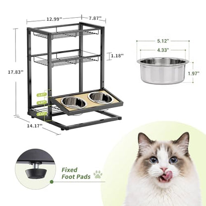 Cat Feeding Station with Elevated Cat Bowl Stand, 3-Tier Cat Food Organizer & Storage, Pet Feeding Station with Cat Table, Cat Food Stand for Large Medium Cats, 3 Height Adjustable, Black