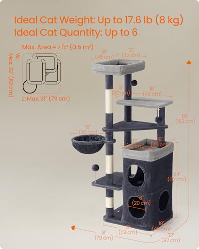 Feandrea Cat Tree, 60-Inch Cat Tower, Multiple-Level Plush Condo with 2 Caves, 3 Scratching Posts, 3 Perches, Dark Gray UPCT007G02 - color: Dark Gray