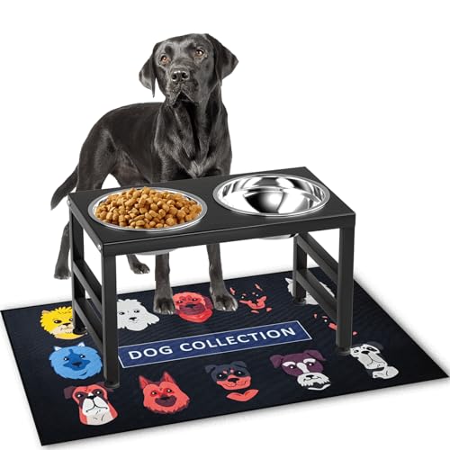 ADENGL Metal Raised Dog Bowl, 10" Tall Elevate Dog Feeder Stand with 2 Stainless Steel 42oz Bowls & 16x24 Non-Slip Mat – Stronger Dogs Food & Water Bowl Stand (Black) - color: Black - L Dog Mat, size: Height-10inch