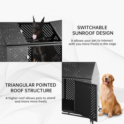 48" Heavy Duty Dog Crate Large Dog cage Strong Metal Dog Kennels and Crates for Large Dogs Top Open with 2 Doors 4 Lockable Wheels 2 Removable Trays - size: 48 inch - Metal Plate