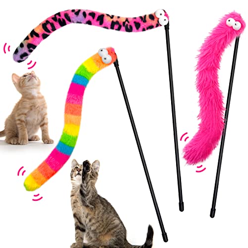 3 Pack Cat Wand Toy, Rainbow Cat Feather Toys with Bells, Teaser Wand with Soft Furry Tail, Interactive Toys for Indoor Cats & Kitten & Kitty - style: Playful