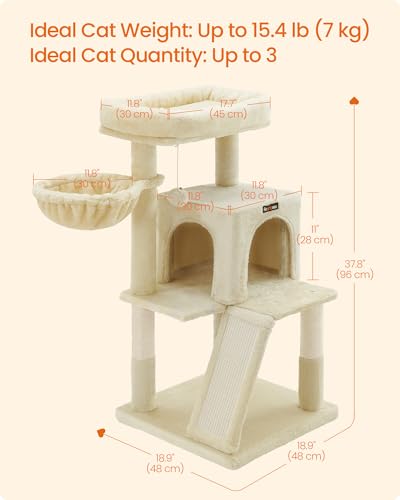 Feandrea Cat Tree, 37.8-Inch Cat Tower, Multi-Level Condo with Widened Perch, Scratching Posts and Ramp, 2-Door Cave, Hammock, Beige UPCT51M - color: Beige