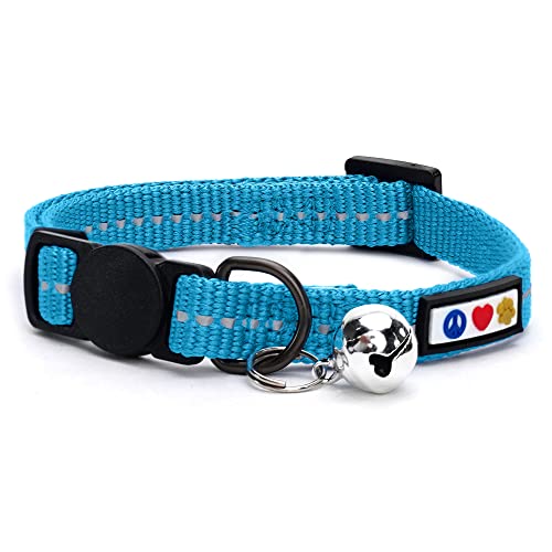 Pawtitas Recycled Teal Reflective Cat Collar – Eco-Friendly Breakaway Safety Buckle, Adjustable Kitten & Adult Collar with Removable Bell and High-Visibility Strap - color: Recycled Teal