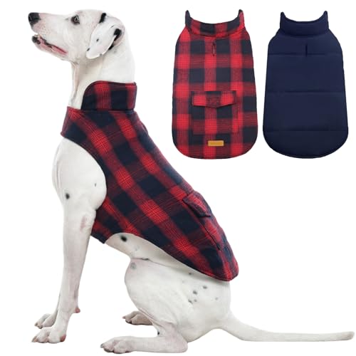 Kuoser Reversible Winter Coat, British Style Jacket for Medium and Large Dogs - Warm Windproof Puppy Cold Weather Clothes Vest, Red L - color: Red+Blue, size: L (Chest Girth: 20.9-24.4'')