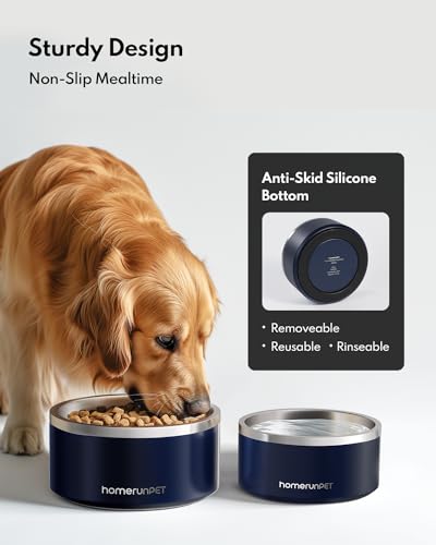 HomeRunPet Dog Bowls, Durable Dishwasher Safe Double Wall Metal Insulated Stainless Steel Food Water Bowls with Non-Slip Rubber Base, Ideal for Small Medium and Large Dogs (32oz, Navy) - color: Navy