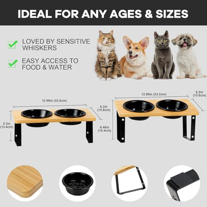 LEAWALK Upgraded Adjustable Height Cat Food Bowls Stand Ceramic Dog Bowls and Slow Feeder Cat Bowl, 15°Tilted Stand Anti Vomiting Raised for Small and Medium Sized Cats Dogs (Black (2 Bowl+Pet mat)) - color: Black ( 2 Bowl+Pet mat)