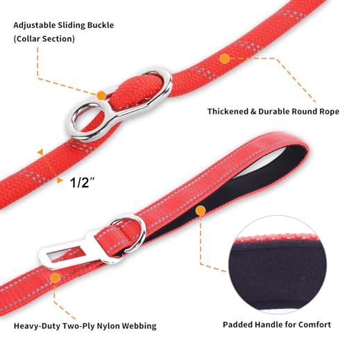 6FT Heavy Duty Dog Leash for Small Medium Large Dogs, Tangle Free Reflective Dog Training Leash with Double Handle, Seat Belt Buckle & Poop Bag Holder (Red) - color: Red, size: 6FT