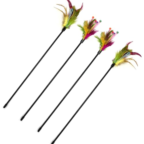 IUHKBH Cat Wand, 4 PCS Interactive Feather Stick Flexible Kitten Wand Safe Cat Teaser Wand for Indoor, All Breed Sizes - color: B