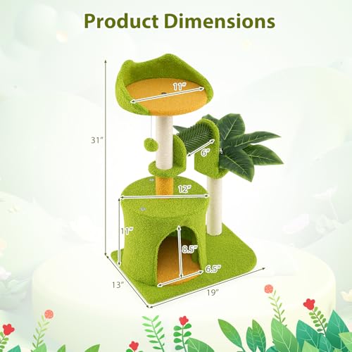 PETSITE Palm Cute Cat Tree, 31 Inches Tall with Sisal Scratching Posts, Condo, Dangling Ball, and Self Groomer, Ideal for Indoor Small & Medium Cats (19 x 13 x 31 inches) - size: 19 x 13 x 31 inches