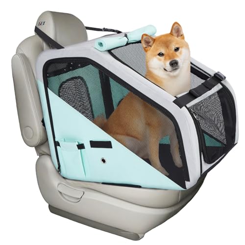 Ownpets Portable Dog Crate for Car, Collapsible Dog Travel Crate for Medium Dogs Up to 66lbs, with Seatbelt and Headrest Strap, Soft Pet Carrier for Car Back Seat, Indoor and Outdoor