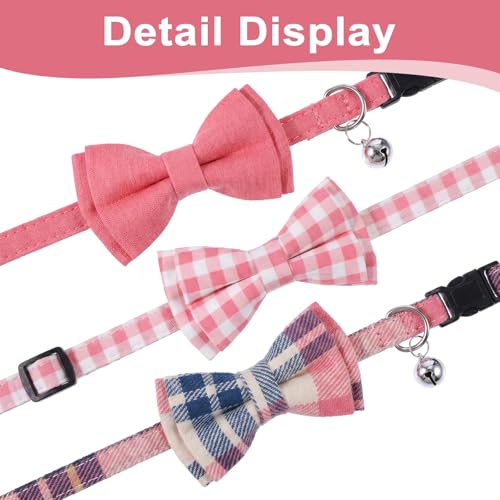 3pcs Bow Tie Cat Collar with Bells, Breakaway Bowtie Plaid Cat Collar, Soft Adjustable Bow Cats Collars for Kitten Puppy and Small Pets - color: pink
