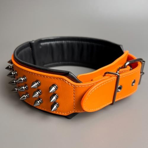 Luxury Leather Spike Dog Collar, Double-Layer Soft Cowhide, Punk Style for Medium and Large Dogs, Pit Bulls, Rowena (Orange,L-Neck 39-47cm) - color: Orange, size: L-neck 39-47cm