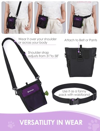 Gobeigo Dog Treat Pouch, Magnetic Closure & Sealable Silicone Bag Insert, 4-Cup Capacity – Belt Clip/Waist Belt/Crossbody Wear, Clicker Included – Great for Pet Training & Walking (Purple) - color: Purple