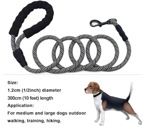 Heavy Duty Rope Dog Leash, 3/4/5/6/7/8/10/12/15 FT Nylon Pet Leash, Soft Padded Handle Thick Lead Leashes for Large Medium Dogs (Black, 1/2" * 10') - color: black, size: 1/2" * 10'