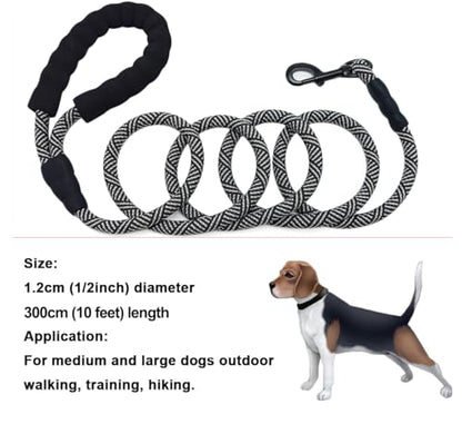 Heavy Duty Rope Dog Leash, 3/4/5/6/7/8/10/12/15 FT Nylon Pet Leash, Soft Padded Handle Thick Lead Leashes for Large Medium Dogs (Black, 1/2" * 10') - color: black, size: 1/2" * 10'