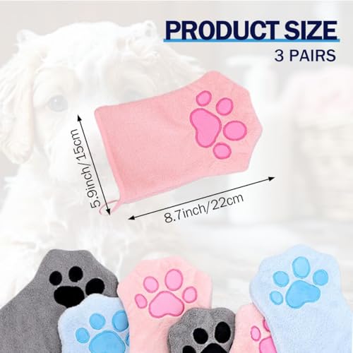 Dog Drying Mitts 3 Pairs Super Absorbent, Ultra Soft Microfiber Pet Bath Towel Gloves for Quickly Drying Dogs Cats, Grooming Hand Towels for Muddy Paws, Ears, Underbelly after Bathing Rainy Walks