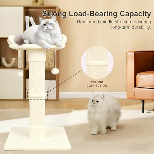 34" Cat Scratching Post for Indoor Cats, Sisal Cat Scratcher with Large Plush Perch, Vertical Posts with Elevated Bed and with Two Dangling Balls, Removable & Washable Cover, Beige White - color: Beige white