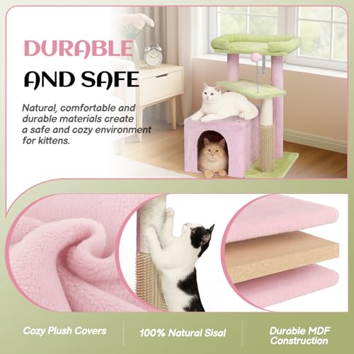Outvita Cat Tree 27.5in Small Cat Tower, Multi-Level Cat Tree Tower with Cat Scratching Post and Pad, Cozy Cat Condo, Padded Top Bed for Kittens and Indoor Cats, Pink & Green - size: 27.5" Pink & Green