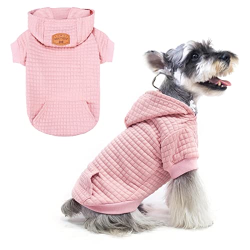 BEAUTYZOO Small Dog Hoodie Sweater with Pockets, Dog Clothes for Small Medium Dogs Boy Girl, Waffle-like Laminated Cotton Pet Coats with Hat and Leash Hole, All Weather Coat for Puppy Doggie Chihuahua - color: Pink, size: S (Back: 12",Chest: 16", Neck: 10