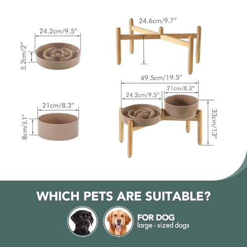 Havniva 9.5” Raised Slow Feeder Dog Bowls Set, 3.2 Cups Ceramic Slow Feeder Dog Bowl and 8.2” Dog Water Bowl with Elevated Wooden Stand Puzzle Dog Food Bowl for Large Dogs Anti-Gulping & Anti-Choking - color: 2 x Brown Coffee+Stand-A, size: 9.5inch