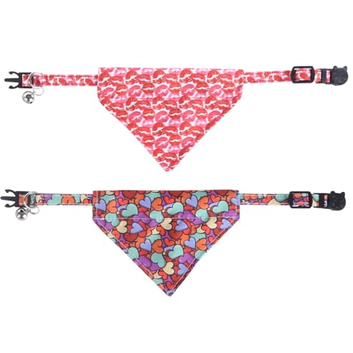 Valentine's Day Cat Collar Breakaway with Cute Bandana and Bell for Kitty Adjustable Safety Love Heart - color: Valentine-bandana