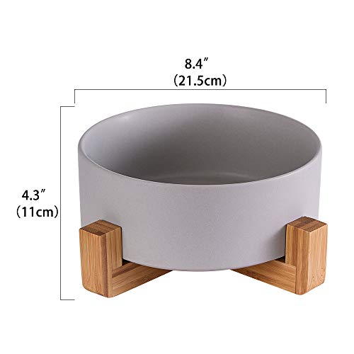 Ceramic Dog Bowl with Bamboo Stand - Large Dog Dish for Food and Water - Heavy Weighted, No Tip Over - 8.4" Diameter - Grey - color: Grey