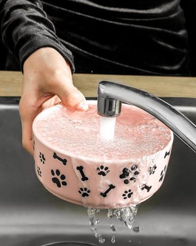 UBEE Ceramic Dog Bowl Set of 2, 5.5 inch Dog Food Bowl Dish with Bone Paw Pattern, Pet Food Water Dish Feeding Plates for Small Dogs, Puppy and Cat, Pink - color: Pink-dog paw, size: 5.5 inch x 2