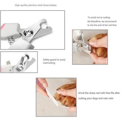 Pet Nail Clippers and Trimmers Set Safety Guard to Avoid Over Cutting Razor Sharp Blades Grooming Tool for All Small Large Dog Cat (Pink) - color: Pink