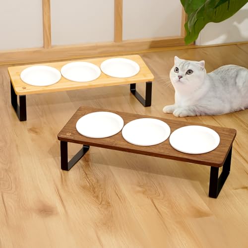 Raised Cat Food Water Bowl Elevated Tilted Kitty Dishes Set of 3 Ceramic Dish for Indoor Cats Orthopedic Pet Food Stand Reduces Vomiting 3 Bowl Cat Feeder Easy Assembly(Brown) - color: Brown