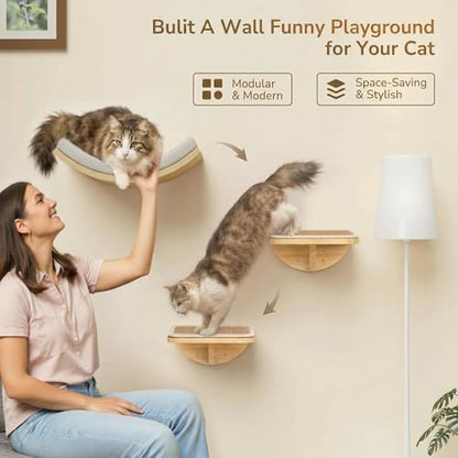 Cat Window Perches, Curved Cat Wall Beige Bed and 2 Floating Wall Steps, Wall Mounted Climbing Shelves for Sleeping, Playing, and Lounging - color: Foam/Felt-Wood, size: 1 Curved Bed 2 Steps