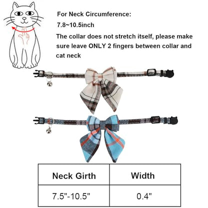 ADOGGYGO Plaid Cat Collars with Removable Bow Tie Bell, 2 Pack Beige Blue Plaid Kitten Bow Collar for Cats Kittens - color: Beige&Blue-2