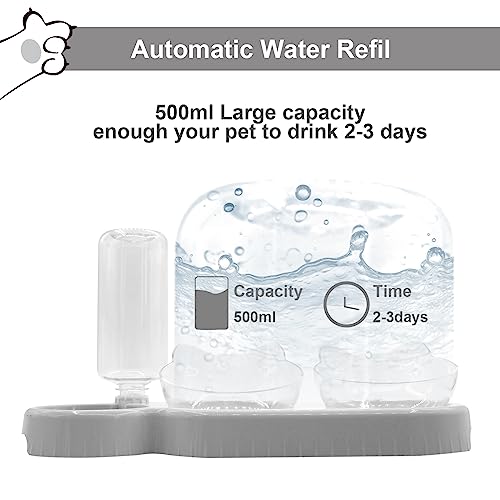 Triple Cat Bowls with Water Dispenser, Pet Whisker Friendly Water and Food Bowl Set with Non-Slip Mat, 15° Tilted Double Feeding Bowls, Elevated Wet and Dry Food Dish for Kitten&Small Dog (Grey) - color: Grey