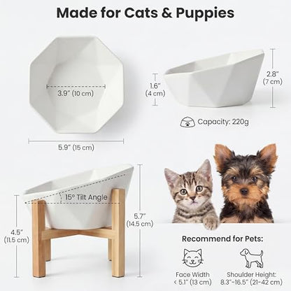 Ceramic Tilted Raised Cat Bowl - Elevated Food Bowl for Indoor Cats & Small Dogs - Shallow Wide Whisker-Friendly Design - Pet Dish Suitable for Feeding Dry, Wet, Treats & Canned Food - White - color: White with stand