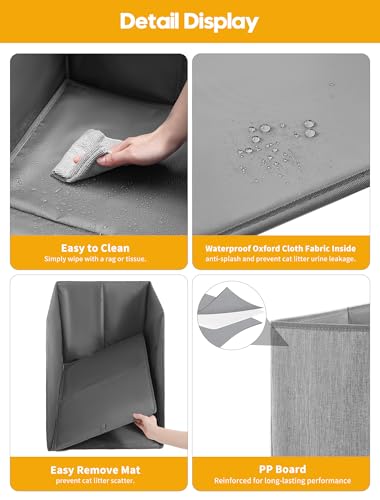 Waterproof Cat Litter Box Enclosure Splash Guard with Removable Mat, Cat Box Enclosure with 2 Hooks for Scoop, Anti-Leakage, Dust Control, Easy to Clean-24.02 x 16.14 x 16.14 inches - color: Grey