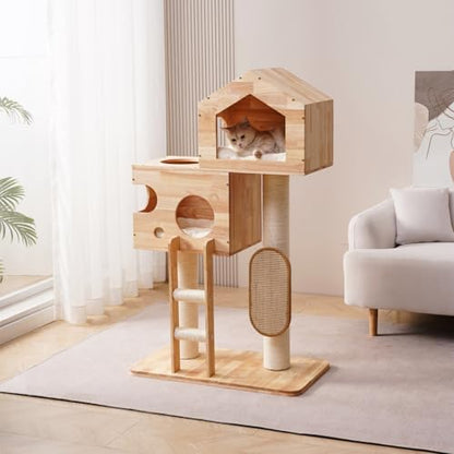 SHENGOCASE Modern Real Solid Rubber Wood Large Cat Tree Tower Castle with Big Enclosed Bed, House Condo, Scratching Post and Sisal Scratcher with Ladder for Multiple Cats