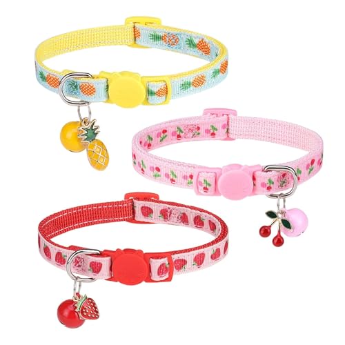 BINGPET Breakaway Cat Collar with Bell, 3 Pack Cat Collars for Girl Cats, Cute Kitty Collars Accessories with Pineapple & Cherry & Strawberry - color: Fruit-3pcs