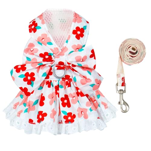 ABRRLO Cute Floral Dog Harness Dress and Leash Set for Small Dogs Cats Girl Puppy Bowknot Princess Birthday Dress Summer Female Pet Small Dog Clothes Lace Doggie Kitten Outfits Apparel(Red,XS) - color: Red, size: X-Small