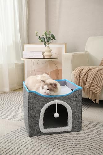 Modern Indoor Cat House Cube with Scratching Post and Play Ball, Easy to fold, disassemble, and Clean，Compact Pet Apartment for Small Cats (Dark Grey) - color: Dark Grey